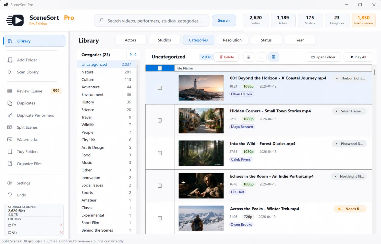 SceneSort Pro browse by category