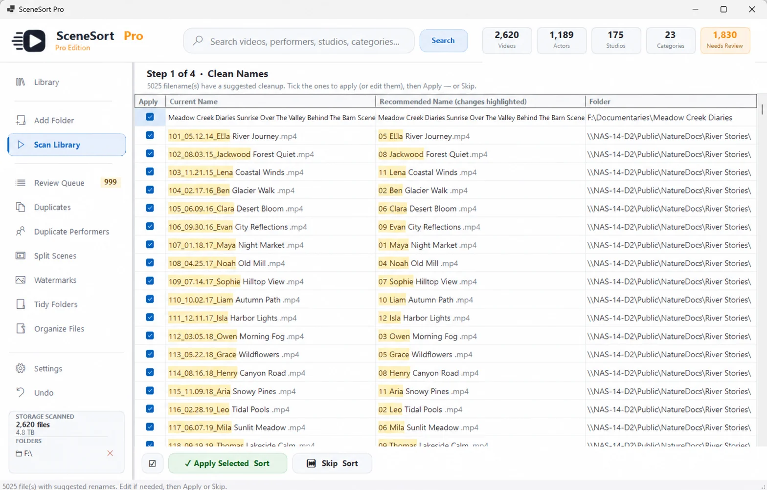 SceneSort Pro Clean Names before and after