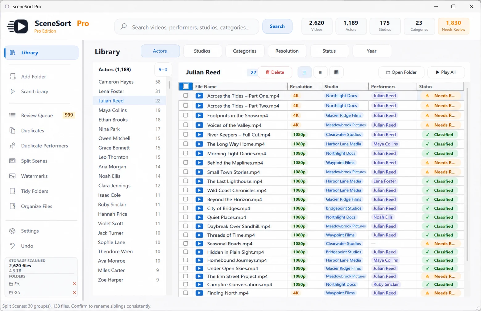 SceneSort Pro — repair, organize and search a huge video library on Windows
